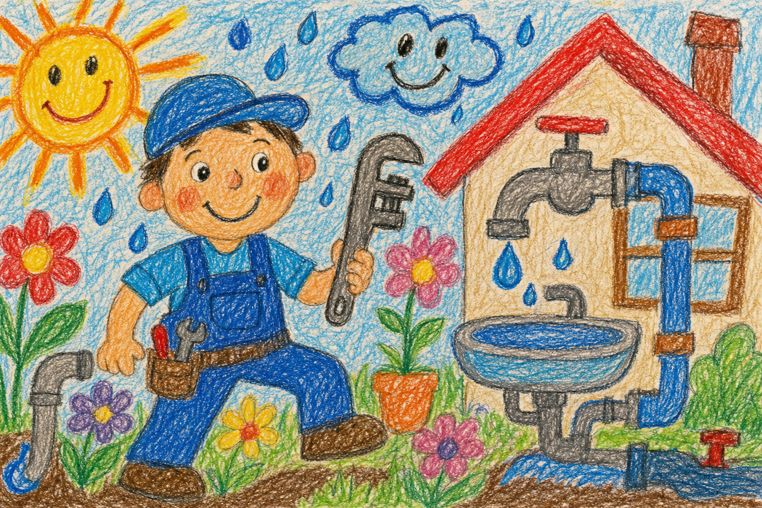 手描きの水道職人と家と水滴のイラスト